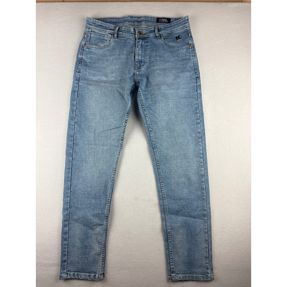 Karl Lagerfeld Womens Slim Light Wash Blue Denim Jeans Size 32 Metal K Logo